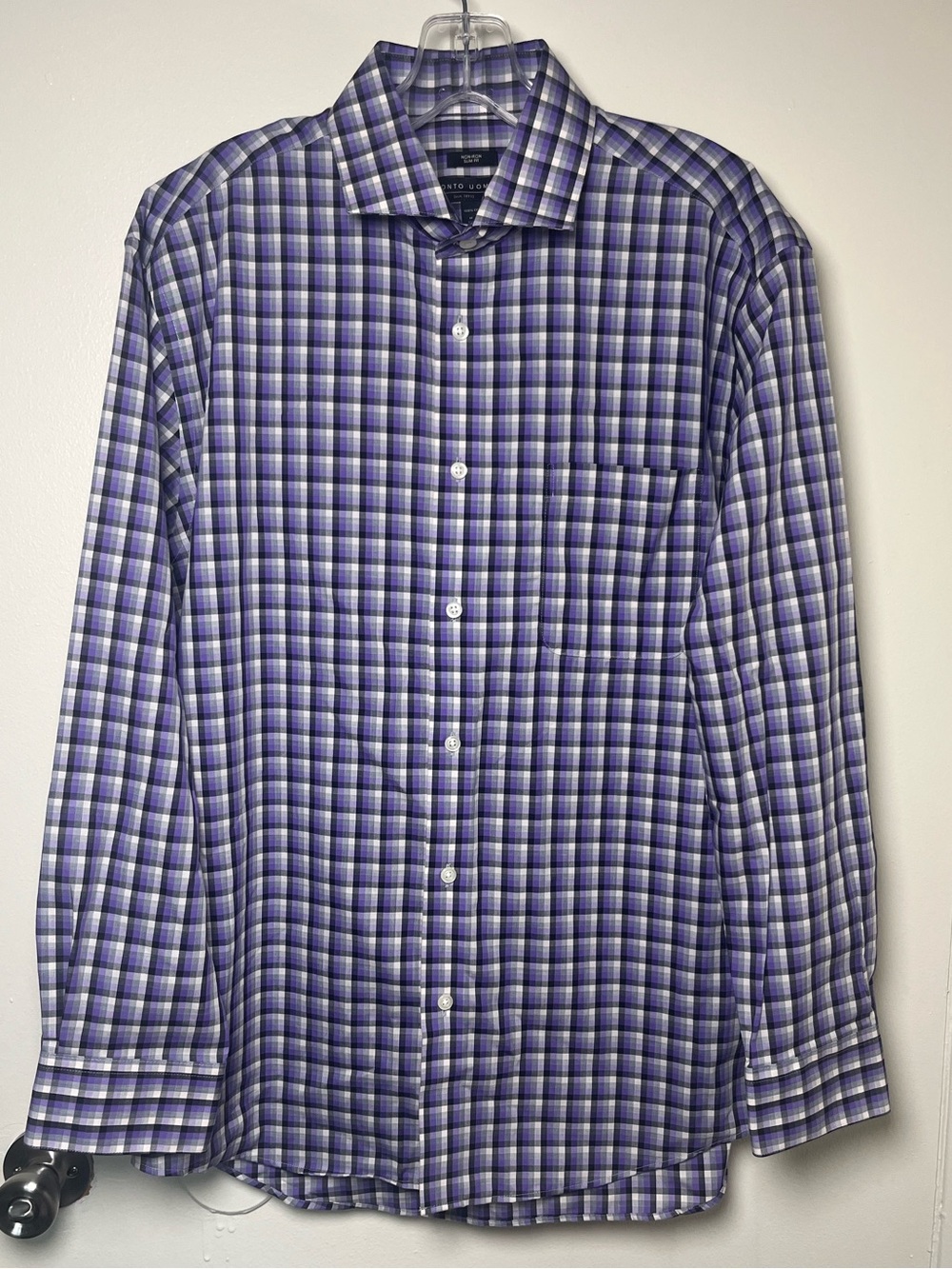 Men's Pronto Uomo 16.5 | 32/33 Purple & White Check Cotton Dress Shirt